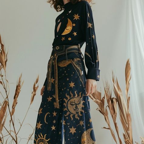 sun custom jeans Blue Celestial Outfit, Sun And Moon Themed Outfits, Astronomer Aesthetic Outfit, Celestial Witch Aesthetic Outfit, Sun Witch Outfit, Jean Art Painting, Sun Aesthetic Clothes, Sun Inspired Outfit, Spacecore Outfits