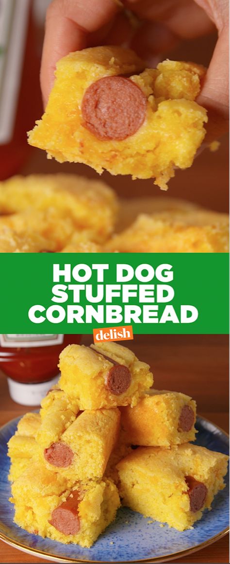 You'll hate how much you love this Hot Dog Stuffed Cornbread. Get the recipe at Delish.com. Cornbread And Hotdogs, Hot Dog Cornbread, Cornbread Hot Dogs, Cornbread Hotdogs, Stuffed Cornbread, Quick Paleo, Paleo Casserole, Easy Cornbread Recipe, Hot Dog Recipes