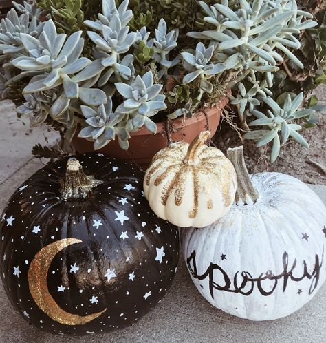 DIY: Halloween Painted Pumpkins Painted Pumpkin Decorating Ideas, Hocus Pocus Pumpkin Painting Ideas, Painted Pumpkin Aesthetic, Fun Pumpkin Decorating Ideas, Hocus Pocus Painted Pumpkin, Aesthetic Painted Pumpkins, Painted Pumpkins Aesthetic, Moon Pumpkin Painting, Painting On Pumpkins Ideas