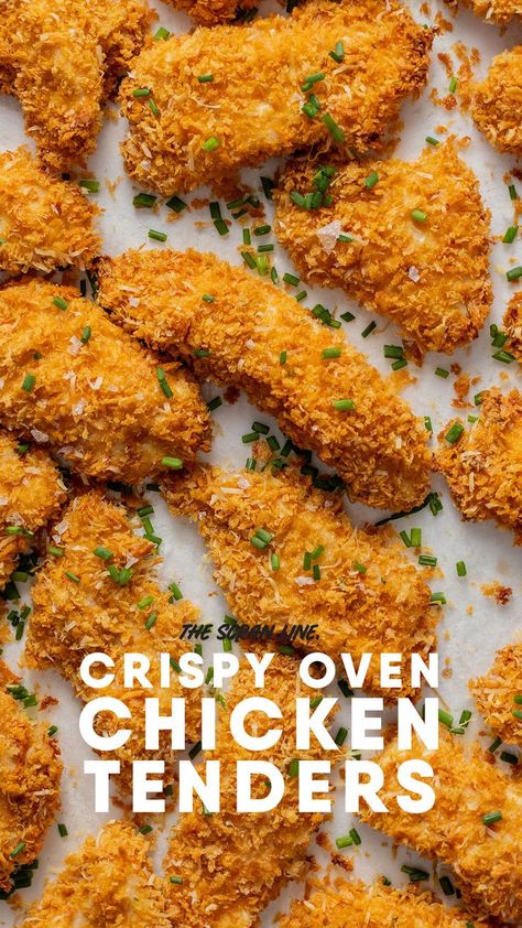 These family friendly Healthy Baked Chicken Tenders are way healthier than the fried alternative. No oily fingers here, but all that delicious crunch in 30 minutes! Fried Chicken Fingers Recipe, Chicken Tenders Oven, Baked Chicken Tenders Healthy, Chicken Tender Recipes Baked, Healthy Chicken Fingers, Chicken Fingers Baked, Oven Baked Chicken Tenders, Chicken Finger Recipes, Crispy Oven Baked Chicken