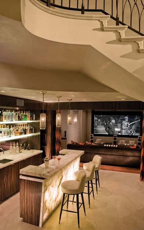 31 Amazing Home Bars That You’ll Want To Raise A Glass To | FashionBeans Basement Gym, Basement Bar Designs, Theater Design, Home Bar Design, At Home Movie Theater, Home Bar Designs, Home Theater Rooms, Theatre Room, Bar Room