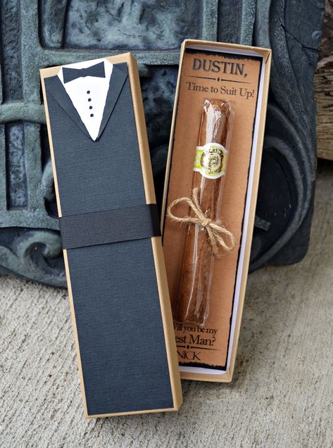 Ask your groomsman to be in your wedding with this clever cigar box. Each groomsman cigar box comes with a custom suit or tux design on the... Groomsmen Boxes, Groomsmen Invitation, Groomsman Proposal, Wedding Swag, Grooms Party, Be My Groomsman, Groomsmen Proposal, Gettin Hitched, Groomsmen Gifts