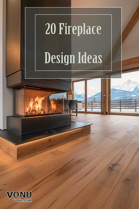 Modern fireplace in a communal area with large windows showcasing a snowy mountain view. Text: "20 Fireplace Design Ideas". Fireplace In The Center Of The Room, Concrete Block Fireplace, Fireplace With Transom Windows, Floating Hearth Fireplace Ideas, 20 Feet Fireplace Ideas, Sheet Rock Fireplace, Fireplace Open On Both Sides, Side Fireplace Ideas, Dining Room Design With Fireplace