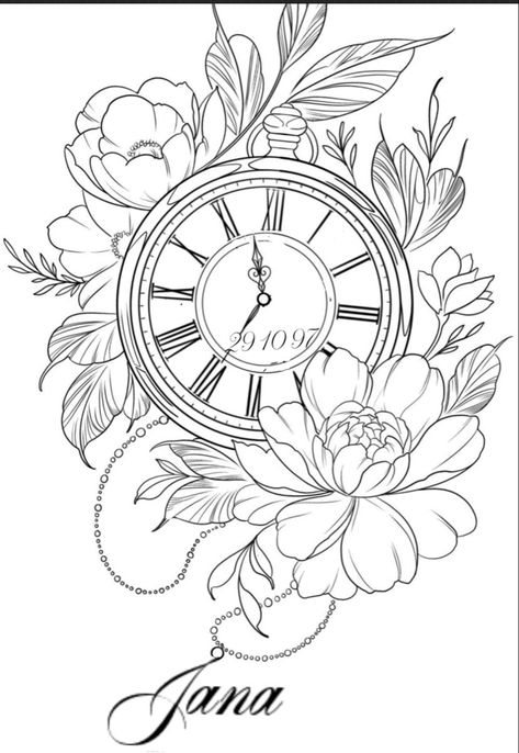 Carnation Flower Tattoo, Black Flowers Tattoo, Small Hummingbird Tattoo, Tattoo Fixes, Clock Drawings, Pocket Watch Tattoos, Floral Clock, Animal Tattoo Ideas, Clock Flower