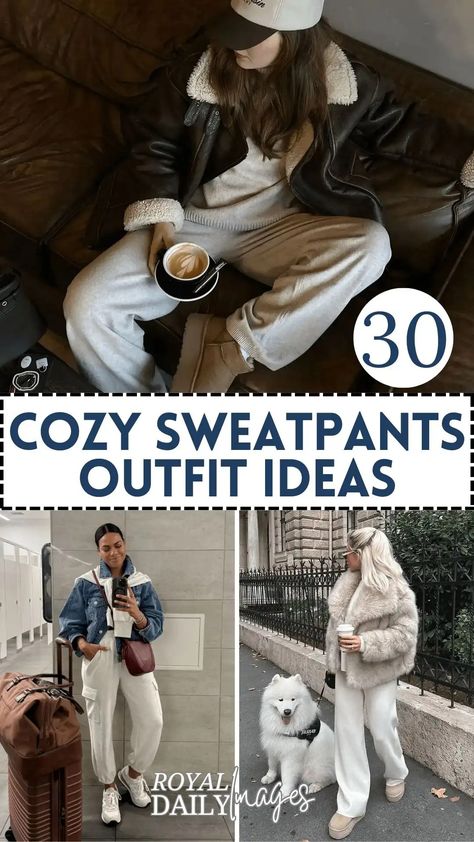 30+ Cozy Sweatpants Outfit Ideas for Winter Comfort Winter Sweats Outfit, Warm Winter Outfits Layers, Chill Outfits Winter, Sweat Pants Outfit Winter, Jogger Pants Outfit Winter, Cute Comfy Outfits For Winter, Errands Outfit Winter, Chic Sweatpants Outfit, Spring Vacation Outfits