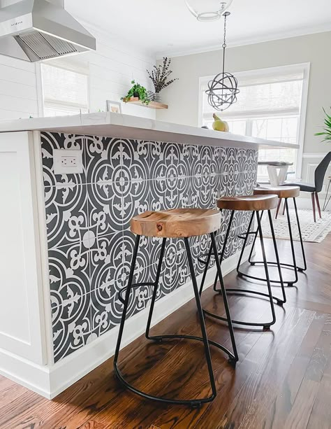 Wallpaper Kitchen Island, Drawer Microwave, Metal Barstools, Bar Tile, Patterned Tile, New Appliances, Condo Kitchen, New House - Kitchen, Tile Wall