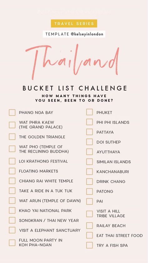 Bucket List Challenge, Thailand Bucket List, List Challenges, Travel Destinations Bucket Lists, Travel Checklist, Bucket List Destinations, Travel List, Future Travel, Travel Instagram