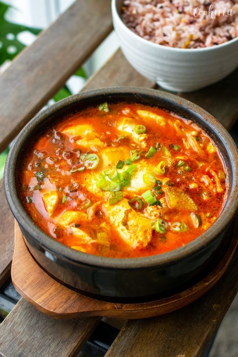 Soondubu Jjigae (Korean Soft Tofu Stew) - Cookerru Soondubu Recipe, Korean Soup Recipes, Soft Tofu Stew, Soondubu Jjigae, Jjigae Recipe, Tofu Stew, Easy Korean Recipes, Soft Tofu, Mapo Tofu