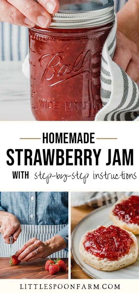 This strawberry jam is the easiest jam recipe to make without pectin. A soft, smooth texture, that's full of fresh berry flavor and spreads like a dream! It's an easy way to make fresh tasting, low sugar jam and we've included easy canning instructions. You don't have to can this jam, as it can be stored in the fridge for up to 2 months. It's the best recipe for capturing the taste of summer all year long! Shelf Stable Strawberry Jam, Canned Strawberry Jam Without Pectin, How To Make Strawberry Jam Easy, Fresh Strawberry Preserves, Fresh Jam Recipes, Organic Strawberry Jam, Make Your Own Jam, Canning Recipes For Strawberries, How To Can Jam Without A Canner