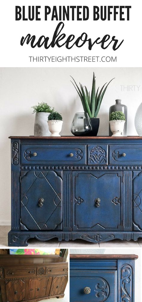 Stunning Painted Blue Buffet Makeover. Learn How To Paint Furniture from Thirty Eighth Street! Diy Painted Furniture, Buffet Makeover, Blue Painted Furniture, Painted Buffet, Blue Furniture, Blue Paint Colors, Ideas Hogar, Distressed Furniture, Street Furniture