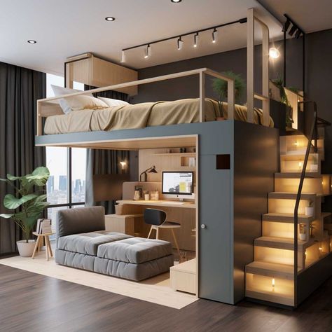 Loft Beds For Small Rooms, Modern Loft Bed, Bed With Stairs, Beds For Small Rooms, Loft Bed Plans, Loft Style Bedroom, Bed Design Modern, Loft Room, Loft House