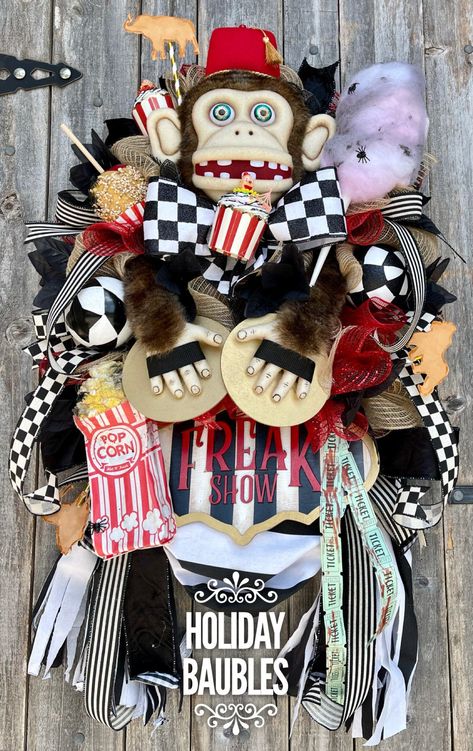 Excited to share this item from my #etsy shop: Halloween Wreath, Halloween Circus Wreath, Circus Monkey Wreath, Spooky Halloween Wreath, Circus Wreath, Freak Show Wreath, Freak Show Spooky Circus, Spooky Halloween Wreath, Scary Circus, Circus Monkey, Holiday Baubles, Spooky Candy, Halloween Circus, Designer Board, Custom Wreath