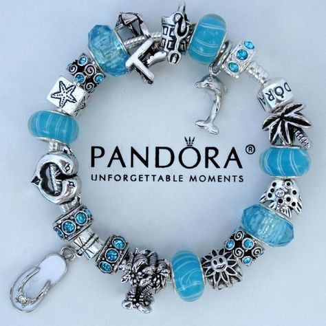 Pandora Beach Theme Bracelet, Pandora Bracelet Beach, Beachy Pandora Bracelet, Pandora Bracelet Blue Theme, Pandora Jewelry Box, Rings Pandora, Pandora Bracelet Designs, Pandora Jewelry Charms, Beach Bracelet