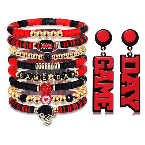 PRICES MAY VARY. ✔Football Bracelet for Women: Cheer on your favorite football team in these charming football jewelry accessories! Inspired by football teams, including 8 pieces heishi bracelet consist of gold beads and polymer clay beads with letter ‘GAME DAY’ and football charms accent, a pair of acrylic game day earrings, features a unique blend of eye-catching red and black colors. They will speak volumes without ever having to cheer, it's your perfect accessory for showing off team spirit Last Football Game Gifts, Clay Bead Bracelet Ideas Football, Fall Inspired Clay Bead Bracelets, Football Clay Bead Bracelets, Game Day Bracelets, Football Game Gift, Purple Field, Team Mom Gifts, Football Jewelry