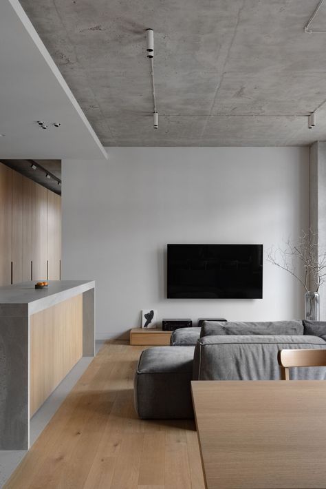 Gallery of Olympic Park apartment | DUDES architects | Media - 4 Minimal Industrial Interior, Minimal Loft, Concrete Apartment, Industrial Apartment, Industrial Home Design, Concrete Interiors, Olympic Park, Wallpaper Home Decor, Loft Interiors