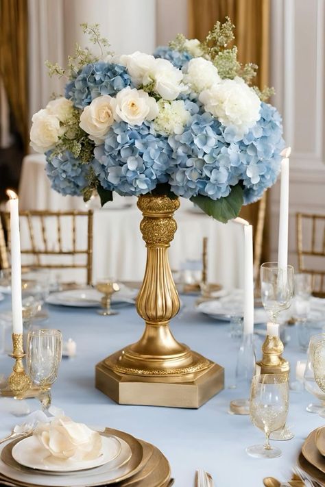 White And Gold Wedding Table, Blue White And Gold Wedding, Dusty Blue And Gold Wedding, August Weddings, Dusty Blue Flowers, Formal Wedding Decor, Elegant Wedding Table, Blue And Gold Wedding, Blue Gold Wedding