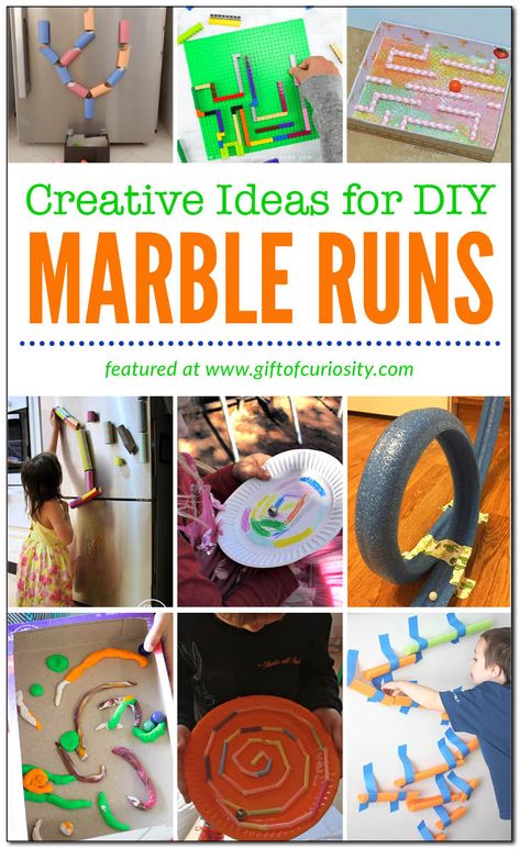 You don't need fancy toys to create a very cool marble run. In this post I've collected more than a dozen creative ideas for making a DIY marble run. Making a marble run provides children with an open-ended challenge requiring creativity, ingenuity, and problem solving skills. Plus, kids can approach the task from whatever developmental level they are at, meaning they work for all ages! #marblerun #engineering #STEAMactivities #STEAMeducation #homeschool #giftofcuriosity || Gift of Curiosity Marble Runs For Kids, Marble Run Stem Challenge, Stem Marble Run, Marble Drop Project, Marble Run Cake, Marble Run Diy, Diy Marble Run, Marble Run Ideas, Marble Maze