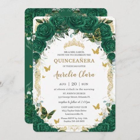 Quince Emerald Green, Green Quince, Quinceañera Invitations, Quince Invitations, Butterfly Invitations, Green Invitations, Fluttering Butterflies, Quinceanera Invitation, Green Roses