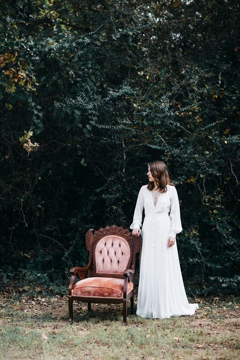 Antique Chair Photoshoot, Chair In Woods Photoshoot, Prom Dress Photography, Homecoming Photoshoot, Chair Photoshoot, Creek Photos, Brides Chair, Forest Shoot, Chair Photography