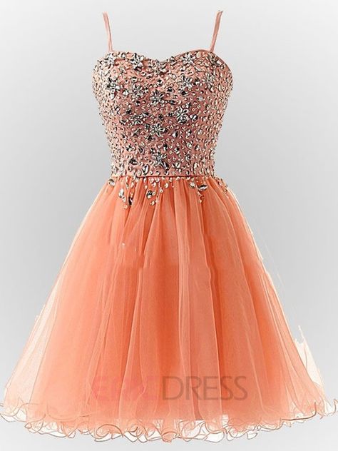 A-Line Spaghetti Straps Beading Short Homecoming Dress Grade 8 Grad Dresses, Orange Evening Dresses, Orange Homecoming Dresses, Beautiful Cocktail Dresses, Tulle Homecoming Dress, School Dance, Cute Prom Dresses, Grade 8, Short Homecoming Dress