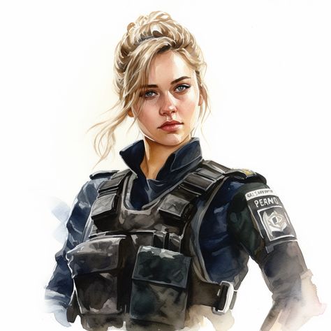 Young female police officer, blond hair in high ponytail, wearing bulletproof vest, watercolor illustration Officer Character Design, Streetwear Character Design, Hair In High Ponytail, Female Police Officer Aesthetic, Female Survivor, Detention Officer, Lady Police, Blonde Police Woman, Female Officer