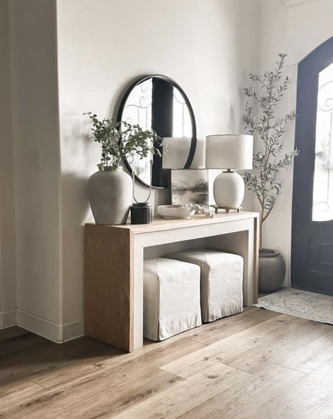 1st House, White Console Table, Arizona House, Living Room Dining Room Combo, Entryway Inspiration, Entry Decor, Neutral Aesthetic, Dining Room Combo, Entryway Console Table