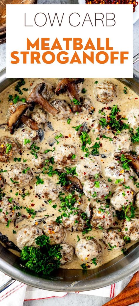 Are you looking for low-carb and gluten-free comfort food? You are going to love this Keto Meatball Stroganoff. This delicious dish has all the flavors you love in a deliciously creamy sauce. Try this once, and you will be hooked. Keto Gluten Free Crockpot Recipes, Keto Swedish Meatballs Low Carb, Keto For A Crowd Recipes For, Fancy Keto Recipes, Keto Meals Recipes, No Carb Dinner Recipes For Family, Healthy Dinner Ideas For Family Low Carb, Easiest Keto Meals, Low Carb Football Food