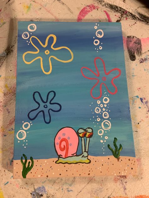 Spongebob Things To Draw, Easy Paintings Spongebob, Acrylic Painting Spongebob, Cartoon Art Spongebob, Spongebob Pop Art, Spong Bob Painting, Painting Ideas Tiny Canvas, Spongebob Sky Painting, Ocean Themed Paintings Easy