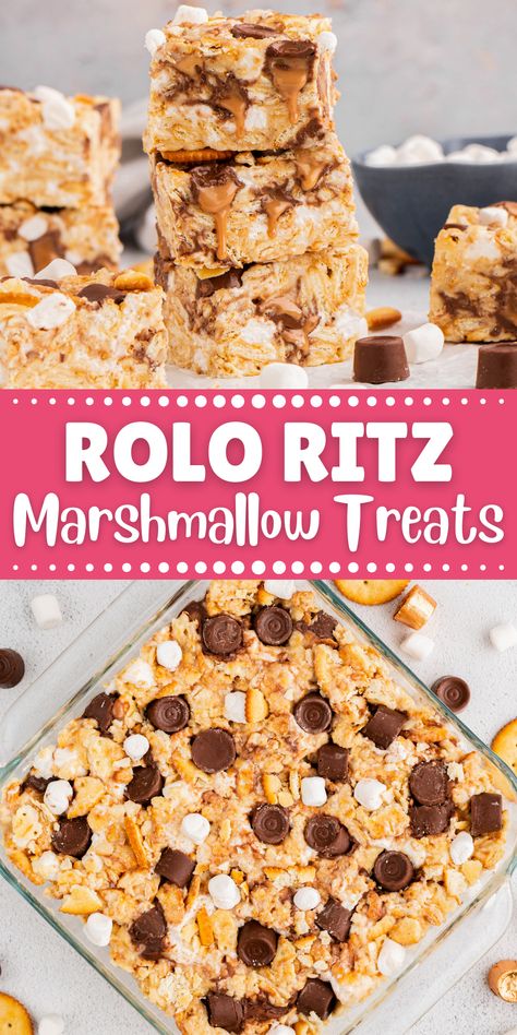 These Rolo Ritz Marshmallow Treats are very buttery with that perfect salty/sweet combo. It's a super easy no-bake dessert recipe that you'll want to make again and again! Rolo Ritz Marshmallow Treats, Ritz Rolo Treats, Ritz Cracker Marshmallow Treats, Crackers Dessert, Marshmallow Treats Recipe, Crispy Treats Recipe, Homemade Rice Krispies Treats, Ritz Cracker Recipes, Marshmallow Desserts