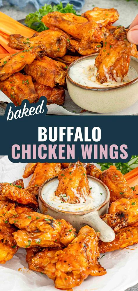 Crispy Baked Buffalo Chicken Wings that are super easy to make! Perfect for game day or any party, no frying required! 🐔🔥 #BuffaloWings #ChickenWings #GameDayEats #EasyRecipes #OvenBakedWings #AppetizerIdeas Tailgate Chicken Wings, Oven Baked Chicken Wings Buffalo, Breaded Chicken Wings In The Oven, How To Make Hot Wings, Buffalo Ranch Wings, Bake Chicken Wings, Baked Buffalo Chicken Wings, Buffalo Wings Recipe Baked, Easy Baked Chicken Wings