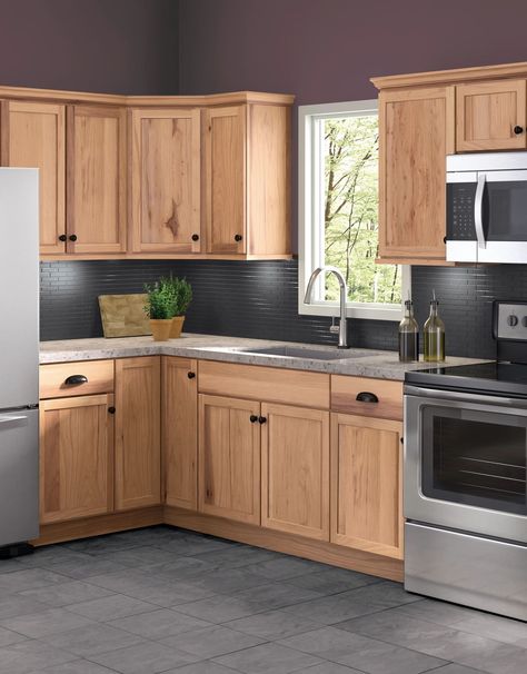 Gray And Oak Kitchen, Counter Tops With Honey Oak Cabinets, Light Brown Cabinets Kitchen, Countertops With Honey Oak Cabinets, Knotty Hickory Kitchen Cabinets, Wood Stain Cabinets, Oak Shaker Kitchen Cabinets, Kitchen Tile Backsplash With Oak, Natural Hickory Kitchen Cabinets