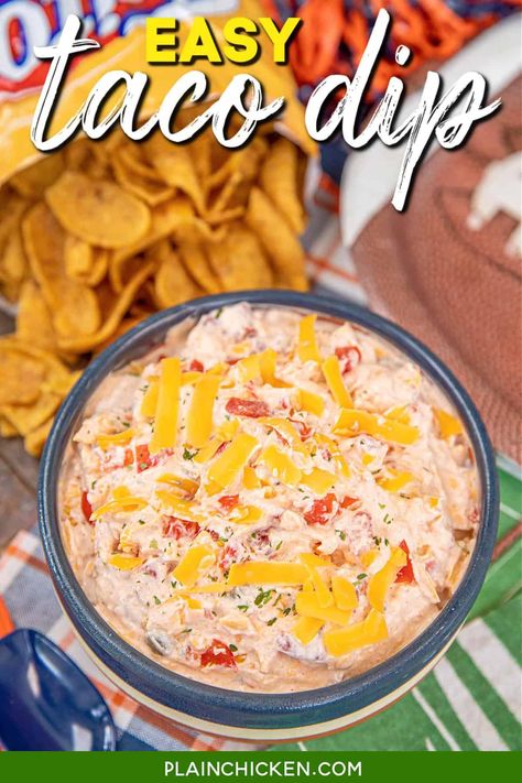 Easy Taco Dip Recipe - super simple to make and is a real crowd pleaser! Only takes a minute to make and everyone raves about it! Sour cream, fiesta ranch, Rotel diced tomatoes and green chiles, and plenty of cheese. I always have the ingredients on hand to whip up this easy dip at a moment's notice! Sour Cream Rotel Ranch Dip, Cold Taco Dip With Cream Cheese, Low Sodium Dips Recipes, Rotel Dips, Easy Rotel Dip, Cold Taco Dip, Cream Cheese Salsa Dip, Easy Taco Dip, Cream Cheese Taco Dip