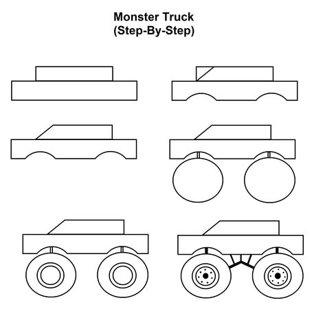 Monster Truck step-by-step tutorial. How To Draw A Truck Step By Step Easy, Monster Truck Drawing Easy, Drawing Trucks Step By Step, How To Draw Monster Truck, Monster Truck Painting, Draw Monster Truck, Drawing Vehicles, Draw A Monster, Jeep Drawing