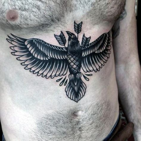 Male Upper Stomach Tattoo Of Bird Flying With Three Arrows In Black Ink Bird Tattoo Men, Tattoo Ideas Males, Men Masculine, Black Bird Tattoo, Flying Bird Tattoo, Tattoo Bird, Belly Tattoos, Belly Tattoo, Wild Tattoo