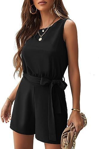 Rompers // Show off your elegant side wearing this black sleeveless keyhole-back belted romper. Black Romper Outfit Dressy, Short Romper Outfit, Romper Outfit Dressy, Black Short Romper, Black Romper Outfit, Shorts Romper Outfit, Spring Rompers, Short Sleeve Jumpsuit, Denim Jacket Fashion