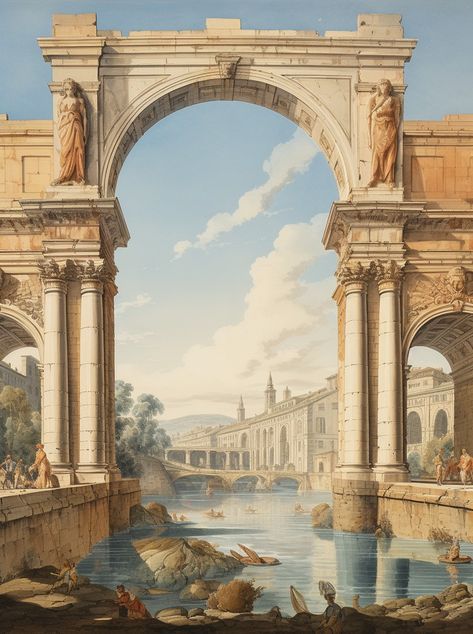 Fantasy Roman Architecture, Greek Poster Design, Ancient Roman Architecture Aesthetic, Roman Buildings Aesthetic, Ancient Rome Paintings Aesthetic, Roman Architecture Painting, Music Sculpture, Chanyeol Cute, Luxury Tents