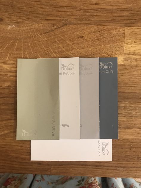 Dulux Colour Palette for flat. overtly olive, polished pebble, chic shadow, white mist, denim drift Overtly Olive, Olive Living Rooms, Painted Hallway, Chic Shadow, Denim Drift, Hallway Colours, Dulux Paint, Living Room Furnishings, Throw Pillows Living Room