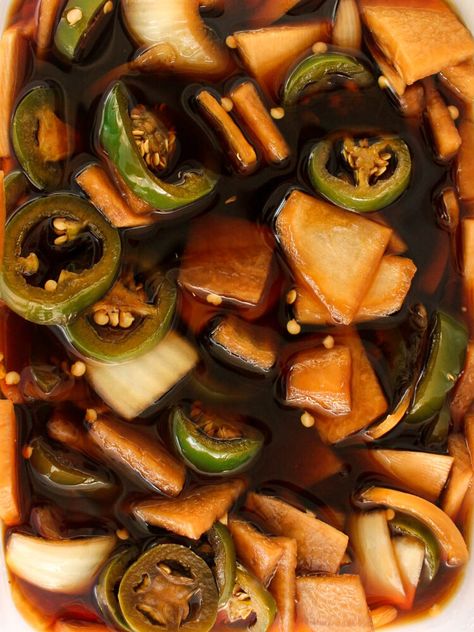 Korean Pickled Jalapenos, Korean Pickled Chayote, Korean Pickled Cabbage, Korean Pickled Garlic, Korean Pickled Radish Recipe, Korean Pickled Onions, Korean Radish Pickle, Japanese Pickled Vegetables, Korean Pickled Vegetables