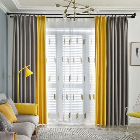 Curtains For Drawing Room, Yellow Curtains Living Room, Grey Curtains Living Room, Grey And Yellow Living Room, Yellow Decor Living Room, Patterned Curtains, Curtains Living Room Modern, Patchwork Curtains, Yellow Curtains