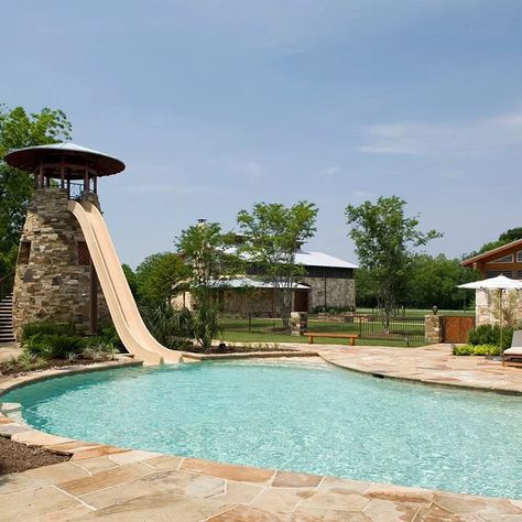 Pool Design With Slide, In Ground Pools With Slide, Pool Grotto With Slide, Pool With Diving Board And Slide, Backyard Pool Designs With Slide, Pool With A Slide, Pool With Water Slide, Pools With Jumping Rocks, Big Pool With Slide