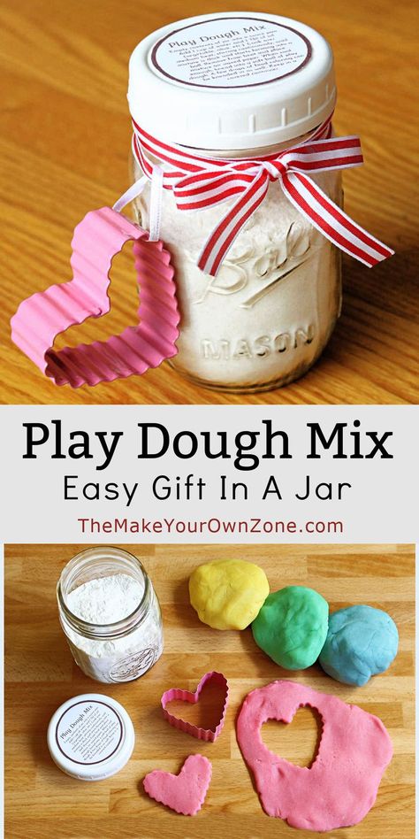 This homemade play dough mix in a jar is a quick and easy DIY jar gift that's a fun and frugal way to make your own play dough. A nice idea for a teacher gift too! Daycare Christmas Gifts For Kids, Diy Play Dough, Meal Kits Diy, Play Dough Gift, Diy Gifts In A Jar, Mix In A Jar, Daycare Gifts, Diy Playdough, Diy Jar