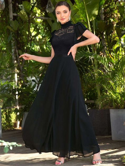 MIUSOL Contrast Floral Lace Butterfly Sleeve Maxi Formal Dress | SHEIN USA Modest Black Tie Event Dresses, School Marketing, Maxi Formal Dress, Long Dress Elegant, Elegant Party Dress, Lace Butterfly, Party Dress Women, Butterfly Sleeve Dress, Bride Gown