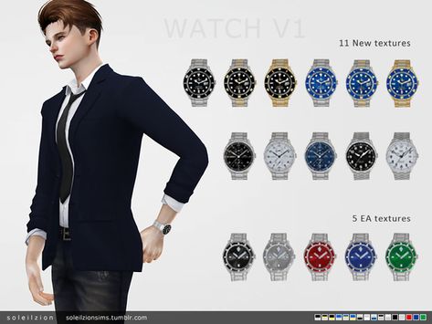 sims 4 custom content male accessories // soleilzion's WATCH V1 - SST // diamond watch designer Sims 4 Custom Content Male, 4 Piercings, Sims Makeup, Male Base, Male Accessories, Sims 4 Male Clothes, Sims 4 Piercings, Sims 4 Cc Eyes, Sims Stories