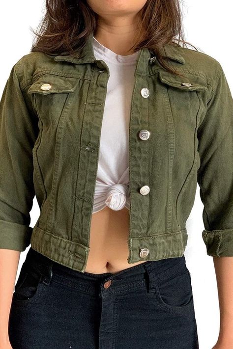 For order whatsApp 7300439104 Green Denim Jacket Outfits, Denim Jacket Outfit Summer, Denim Jacket Outfits, Cropped Jacket Outfit, Dark Green Jeans, Green Jean Jacket, Casual Oufits, Army Green Jeans, Green Denim Jacket