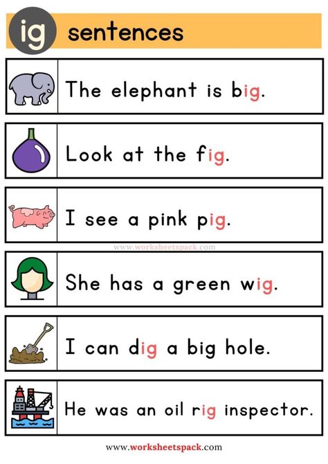 Free Ig Word Family Sentences - Printable and Online Worksheets Pack Sentences With Digraphs, Ig Word Family Worksheet, At Family Sentences, Ig Words Worksheet, Ig Family Words, Ig Words, Family Exercises, Ig Word Family, Words Worksheets For Kindergarten