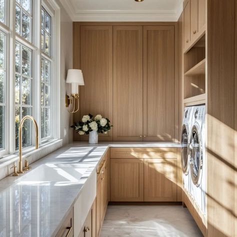 After a busy long weekend, what’s better than tackling chores in a beautifully designed space? Check out this stunning laundry room, where style meets efficiency. From custom cabinetry to chic finishes, every detail is crafted to elevate your daily routine. Ready to reinvent your space? Let’s make your home as beautiful as it is practical. ✨ Design. @cielo.and.oak #laundryroomdesign #laundry #render #3d #aidesign #luxuryliving #luxuryhomes #Interiordesign #homemakeover #interiorforinspo #in... Natural Wood Cabinets Laundry Room, Laundry Room With Oak Cabinets, White Oak Laundry Room Cabinets, Oak Laundry Room, Laundry Room Cabinetry, Cabinets Laundry Room, Honey Oak Cabinets, Laundry Room Cabinets, Honey Oak