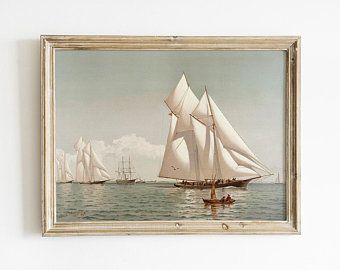 Sailing Artwork, Watercolor Sailboat, Vintage Landscape Art, Coastal Watercolor, Sailboat Art, Sailboat Painting, Winslow Homer, Painting Printable, Nautical Wall Art