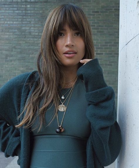 Full Fringe Long Hair, Rocky Barnes Hair, Full Fringe Hairstyles, One Length Hair, Long Fringe Hairstyles, Balayage Hair Caramel, Full Fringe, Thick Hair Cuts, Bangs For Round Face