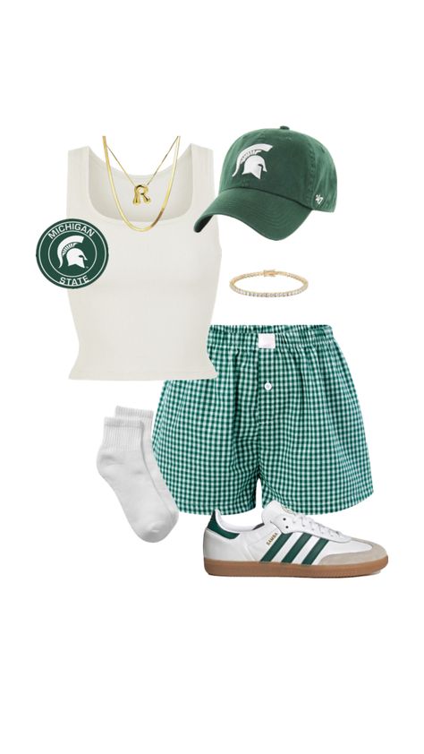 michigan state university gameday outfit inspo💚🤍 Msu Outfit, Football Tailgate Outfit, College Gameday Outfits, University Outfit, Tailgate Outfit, Football Game Outfit, Europe Outfits, Michigan State University, Trendy Summer Outfits