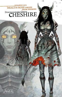 Cheshire Dress | This dress's effect will disable all rose drops from enemies. This is in the DLC (Downloadable Content). Alice Madness Returns Concept Art, Alice Asylum, American Mcgee’s Alice, Dark Alice In Wonderland, Madness Returns, Alice Liddell, Alice Madness Returns, Alice Madness, Cat Dresses